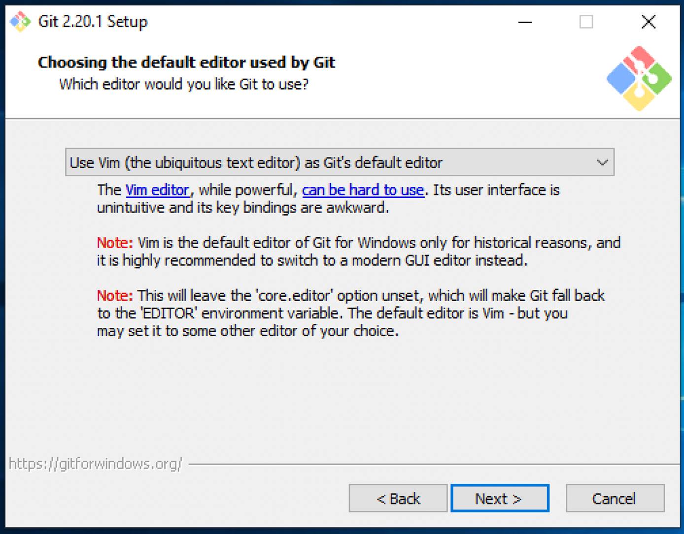Select the default text editor for Git. Select the default text editor for Git.