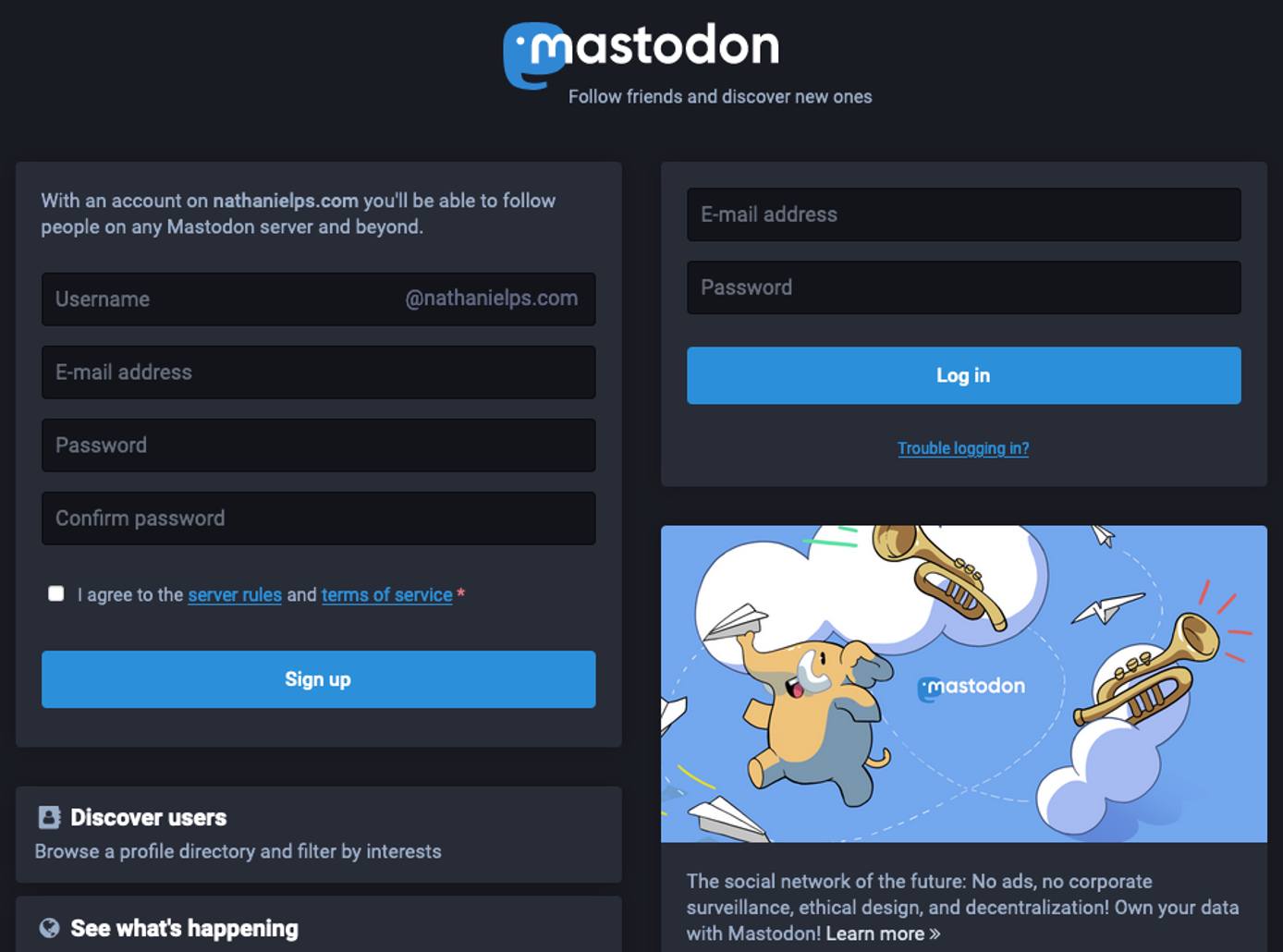 Mastodon login/sign-up page Mastodon login/sign-up page
