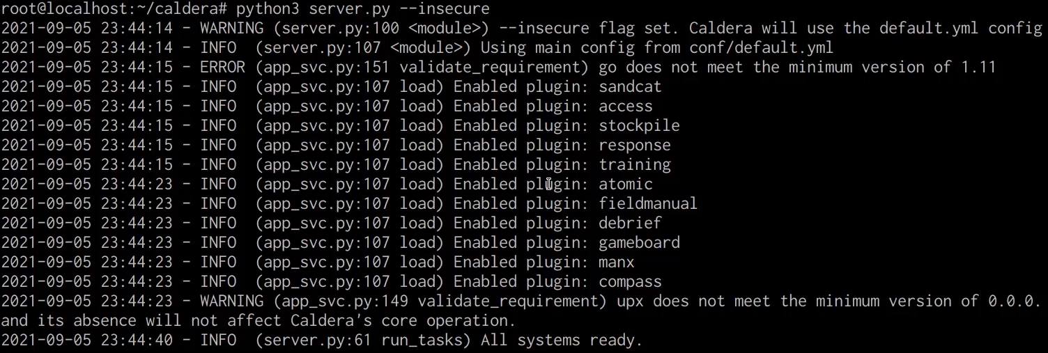 Caldera server startup logs Caldera server startup logs