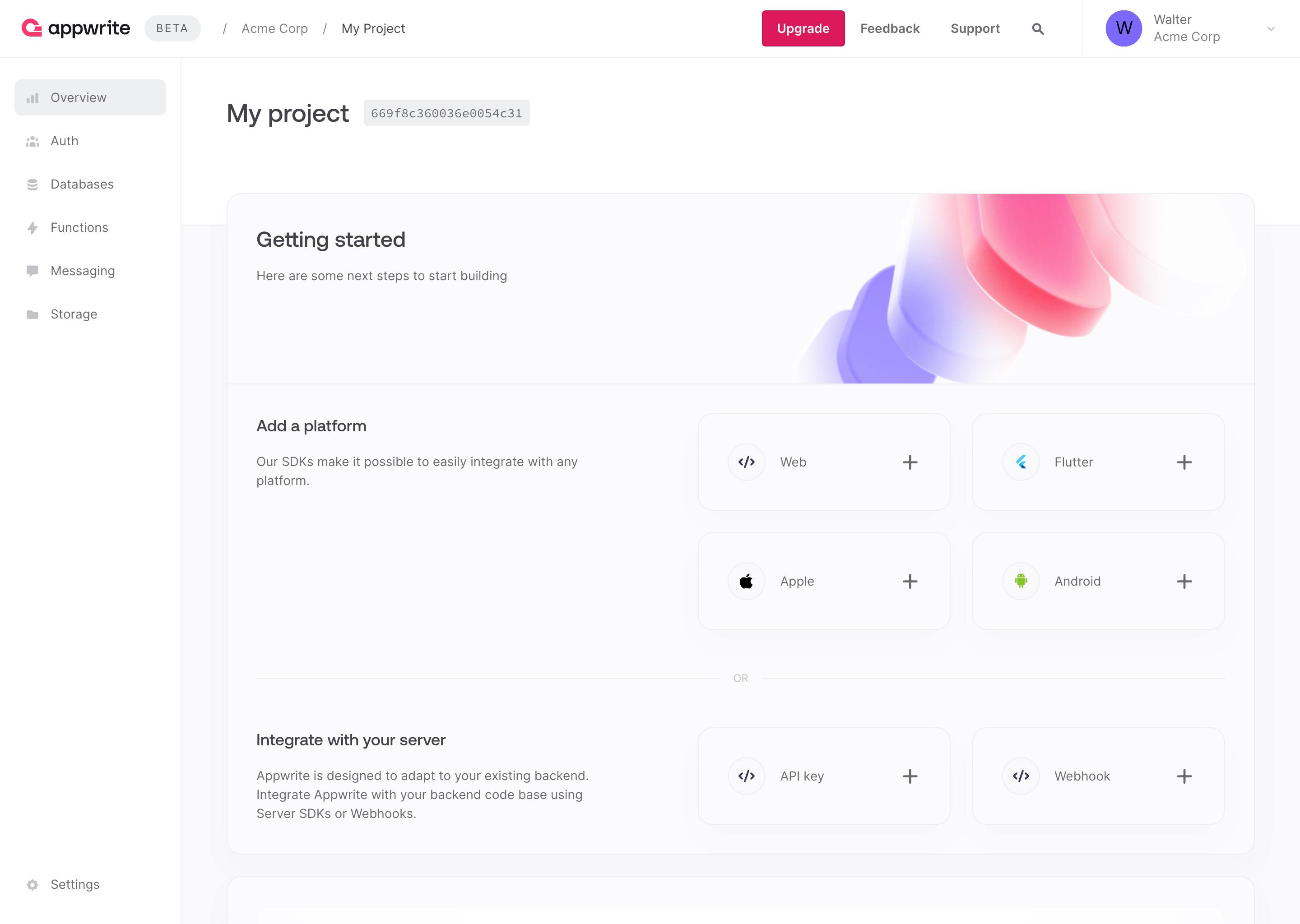 Screenshot of the Appwrite project screen Screenshot of the Appwrite project screen
