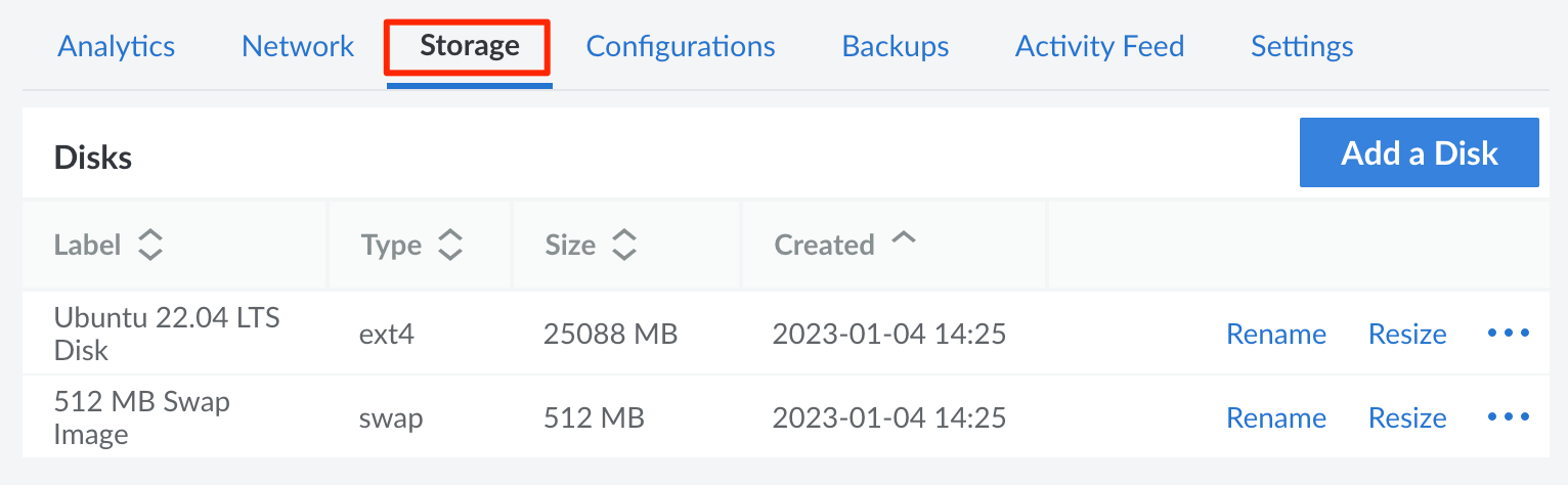 Screenshot of a Compute Instance’s list of disks